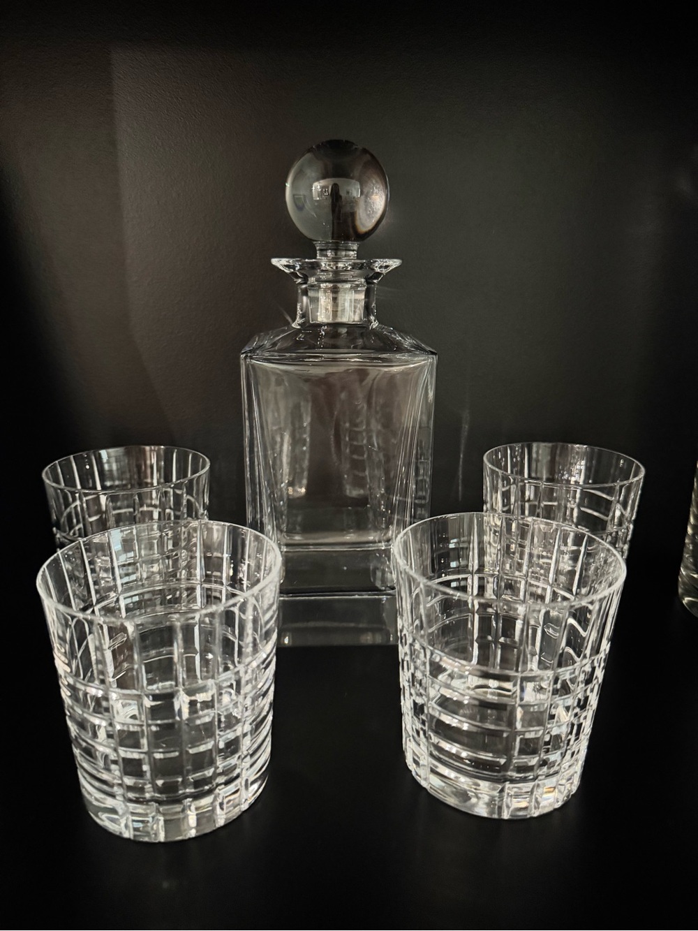 Tiffany & Co. Crystal Decanter with Four Double Rocks Glasses in Plaid Cut